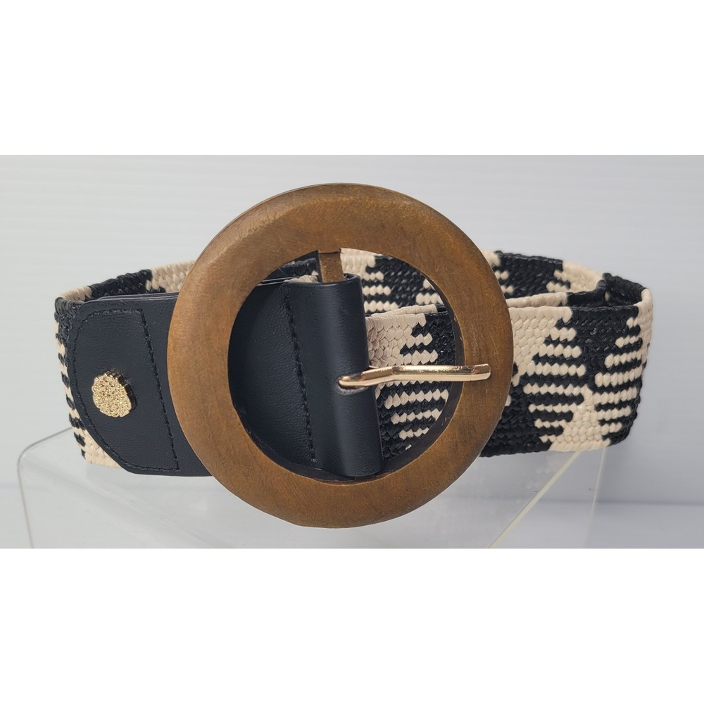 Vince Camuto Wide Stretchy Elastic Woven Belt Black & Cream Abstract Design MED